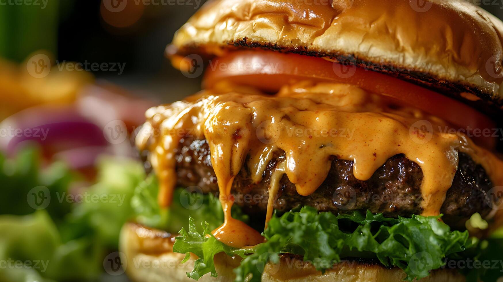 A gourmet burger being lifted, with cheese oozing out and stretching from the patty to the bun, lettuce, tomato, and onions in the background photo