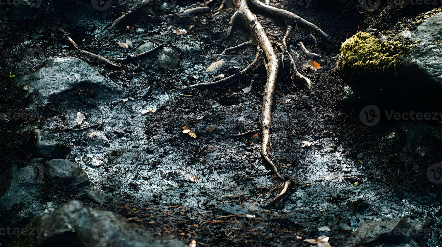 A detailed macro shot of a dark, shaded forest floor, showing damp soil, roots twisting around rocks, and patches of moss alongside fallen branches photo