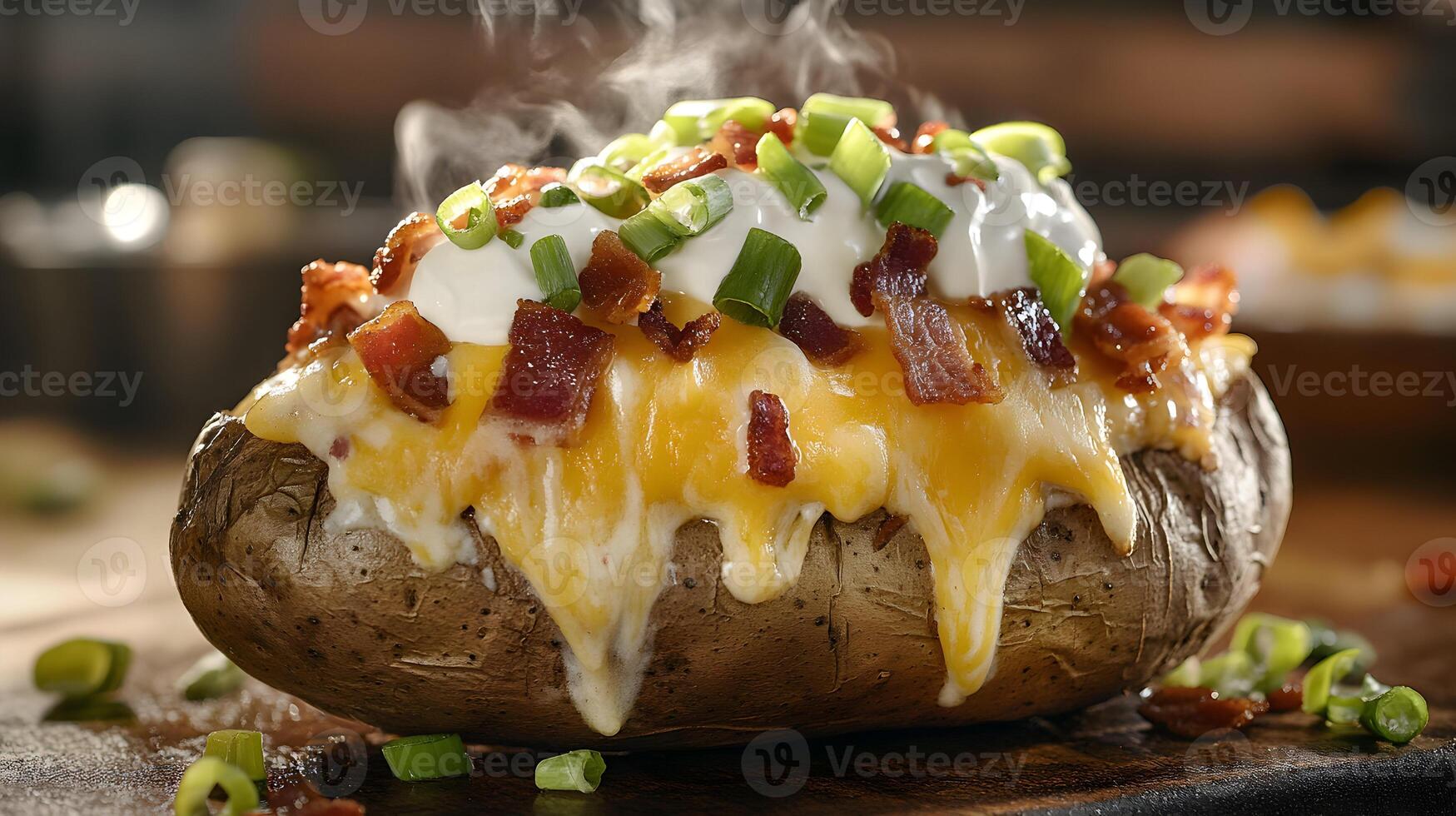 A loaded baked potato topped with stretchy melted cheese being cut open, revealing steamy insides with bacon, sour cream, and green onions on top photo