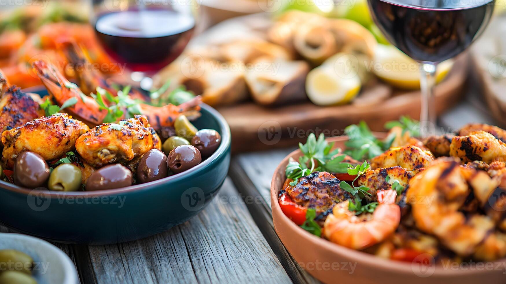 A colorful spread of Portuguese tapas, including piri-piri chicken wings, grilled chorizo, olives, and garlic prawns, served on a wooden table with a glass of red wine photo