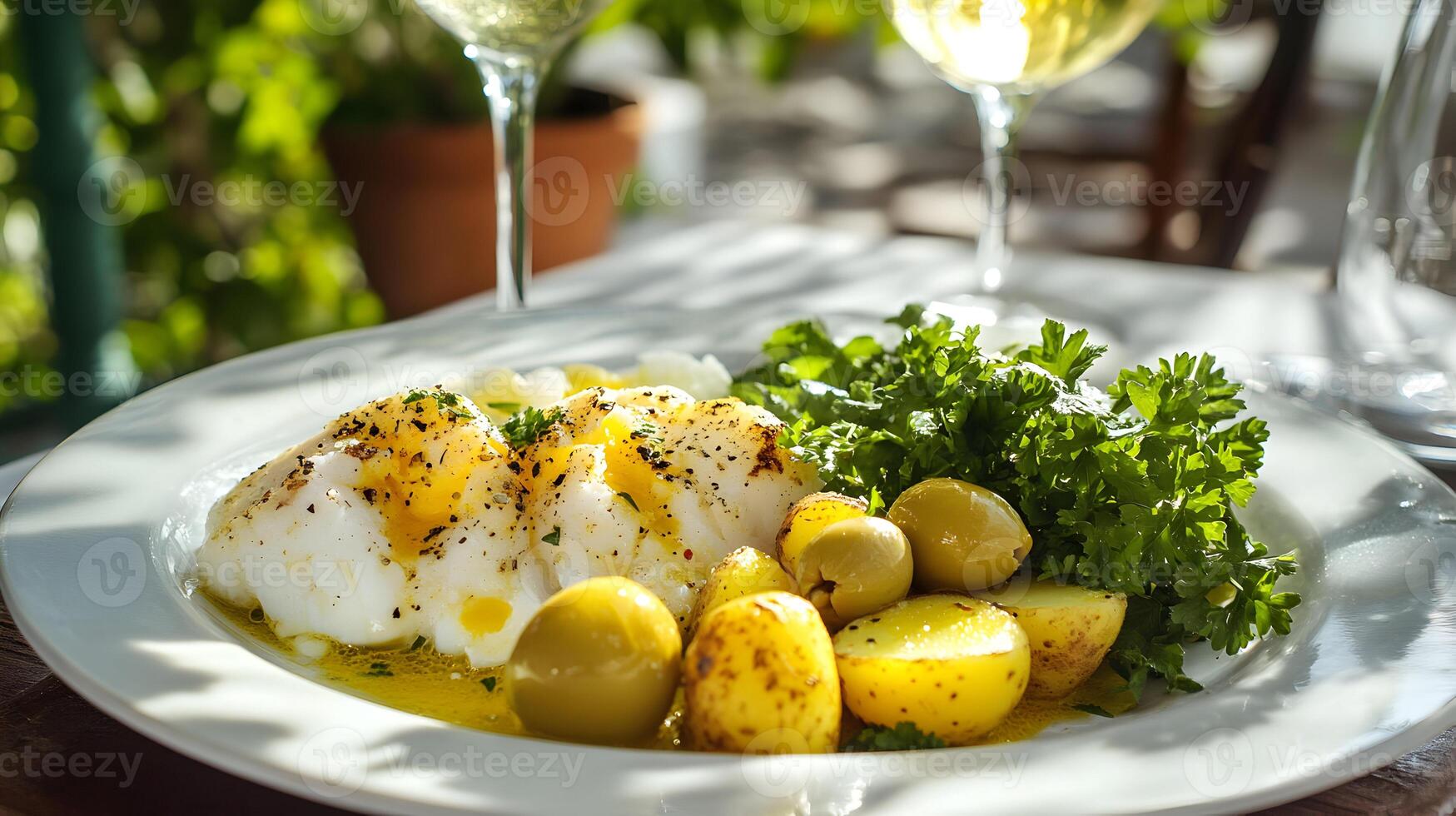 A plate of bacalhau a bras salted cod with eggs and potatoes garnished with parsley and olives, served with a fresh green salad and a glass of white wine on a sunlit terrace photo