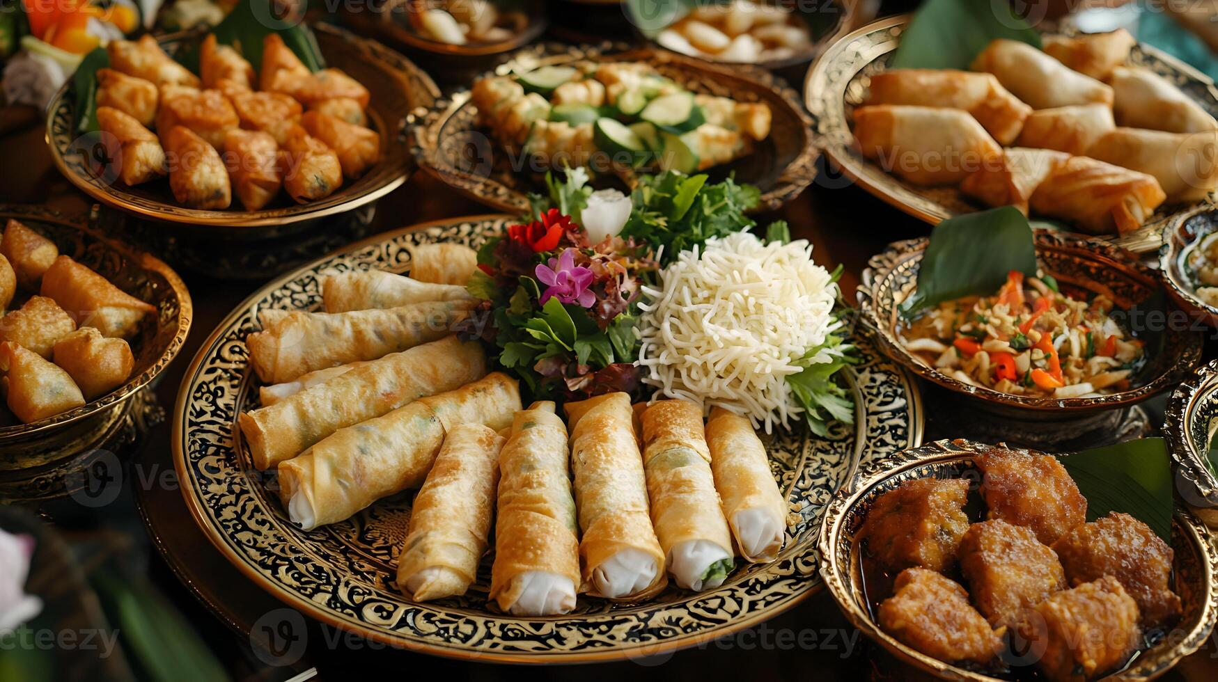 An elegant spread of Thai appetizers including spring rolls, fish cakes, and spicy salads, served on ornate ceramic plates with carved vegetables and artistic presentation photo