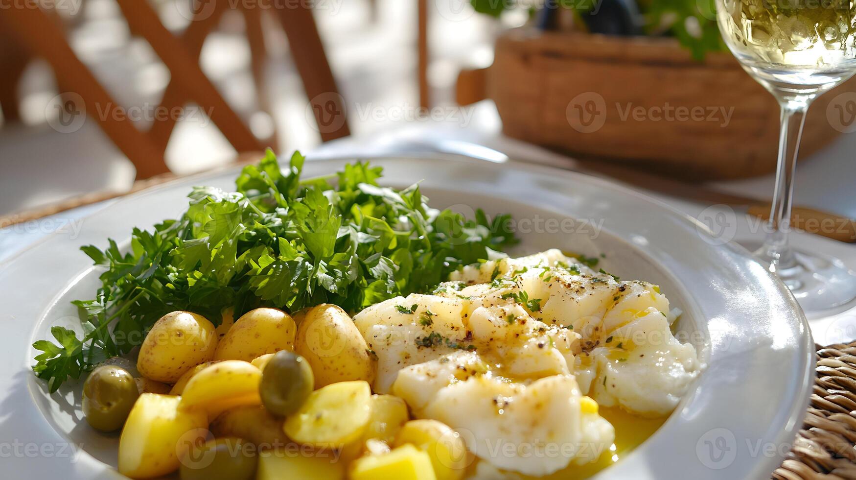 A plate of bacalhau a bras salted cod with eggs and potatoes garnished with parsley and olives, served with a fresh green salad and a glass of white wine on a sunlit terrace photo