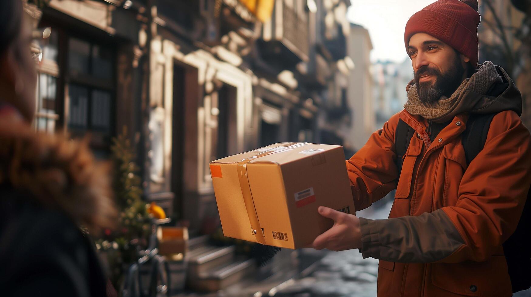 Delivery personnel extends the package, marking the culmination of a successful delivery journey photo
