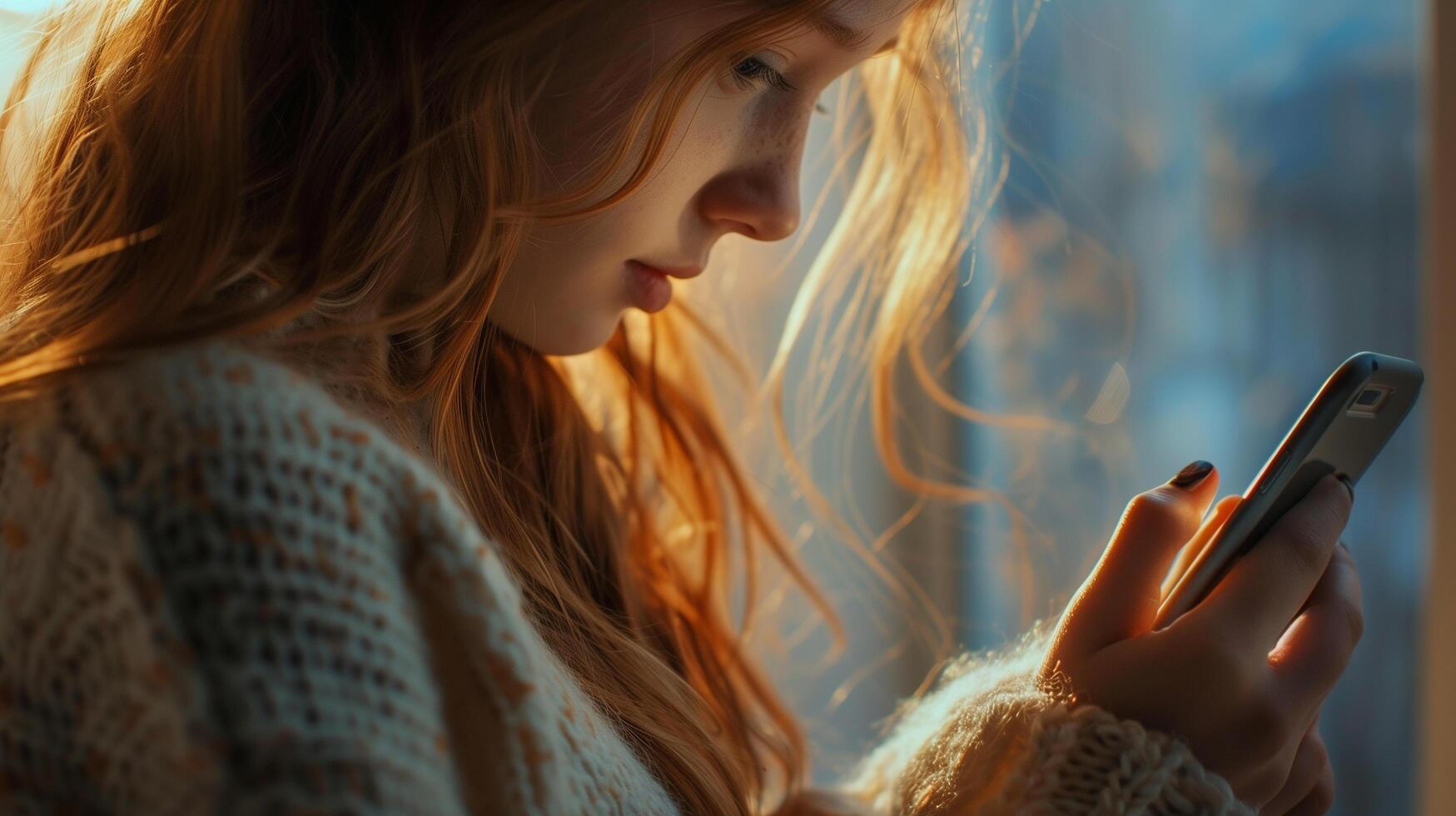 Young girl delicately manipulate a mobile phone, her fingers dancing across the screen with fluidity and precision photo