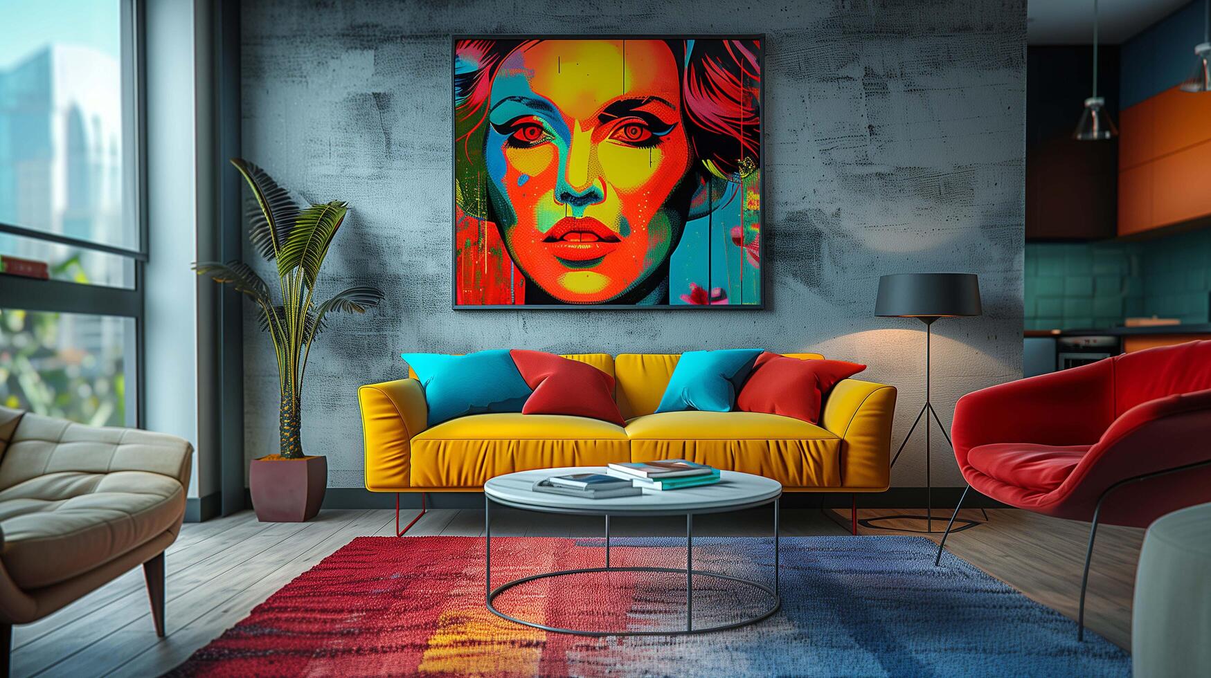 Vibrant pop art style living room featuring colorful and bold art pieces hanging on the walls photo
