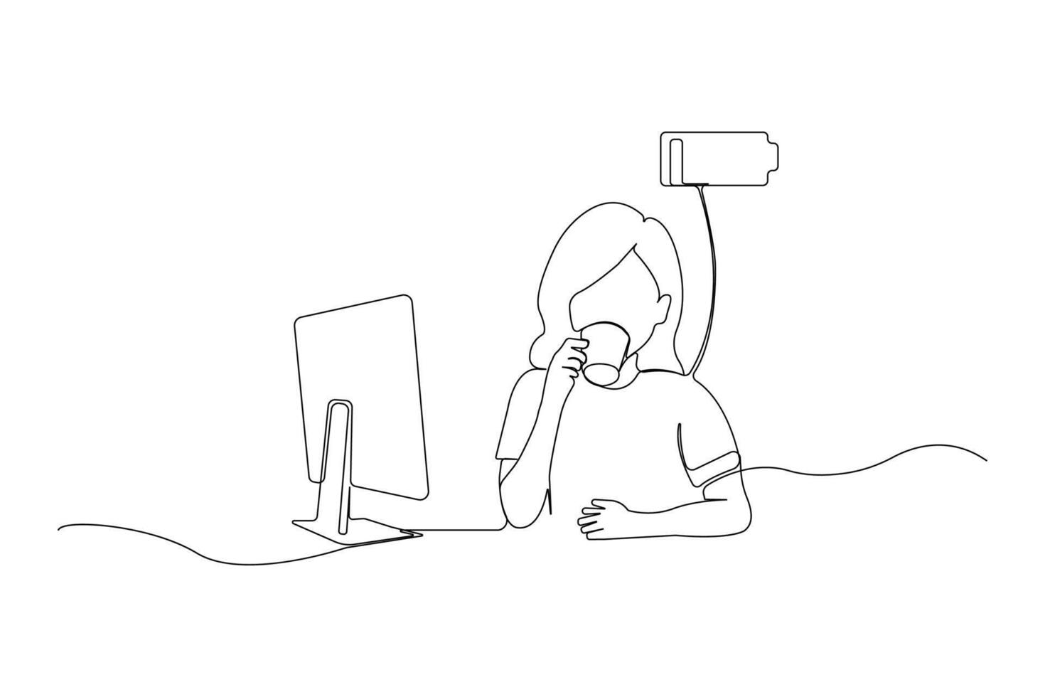 Female office worker drinking coffee with low battery energy charge indicator continuous line art drawing. vector