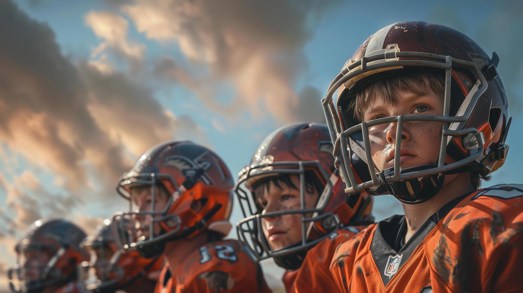 Gathering of youthful American football athletes positioned together on a field photo