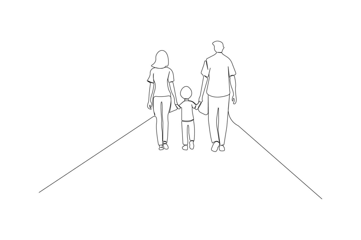 Father, mother and son walking together one-line art drawing. Family continuous outline . vector