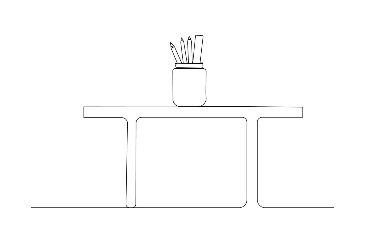 Pencil case with pencils and ruler on a table continuous line art drawing. vector