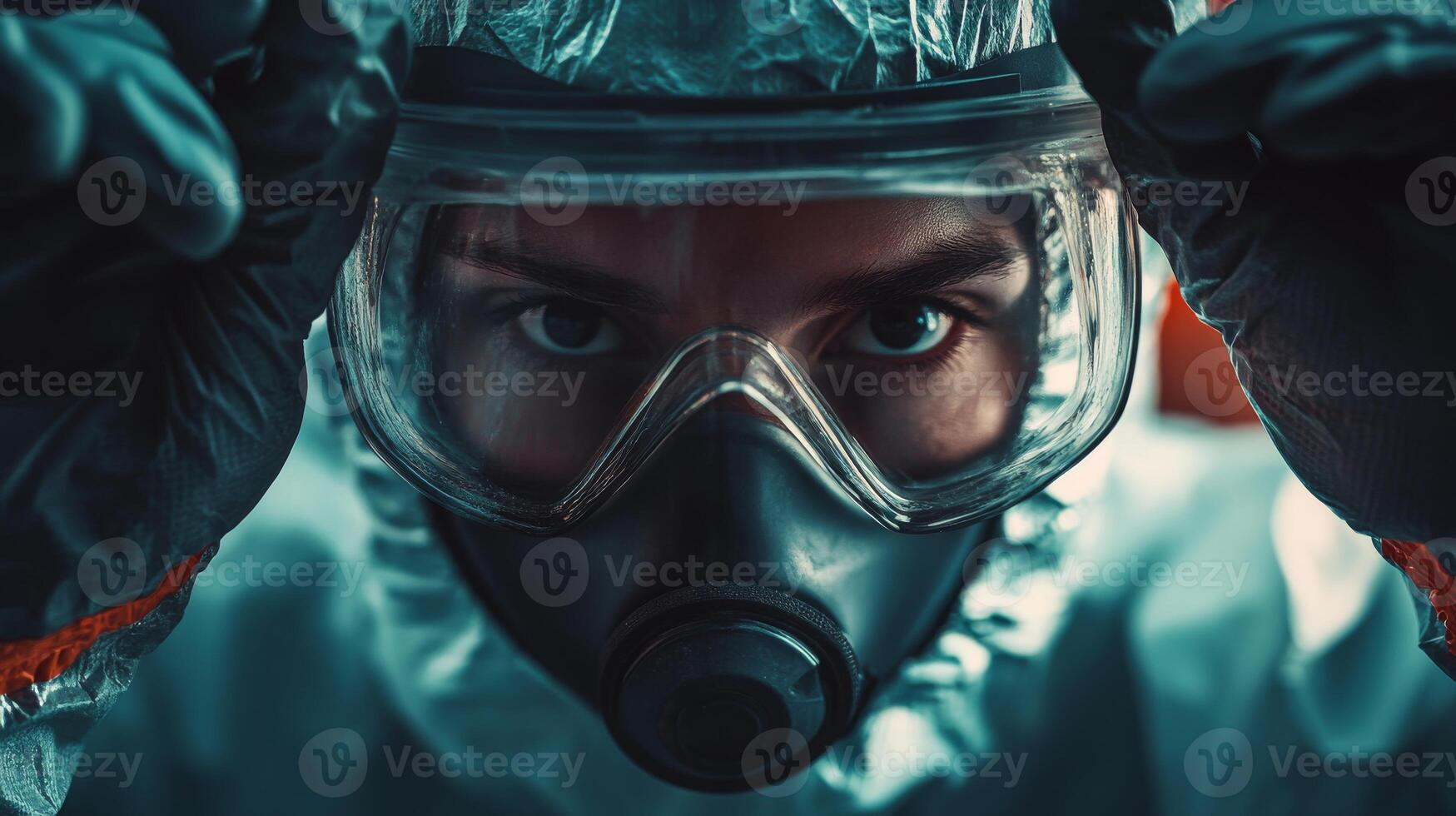 Close up of a Person Wearing a Gas Mask and Safety Glasses photo