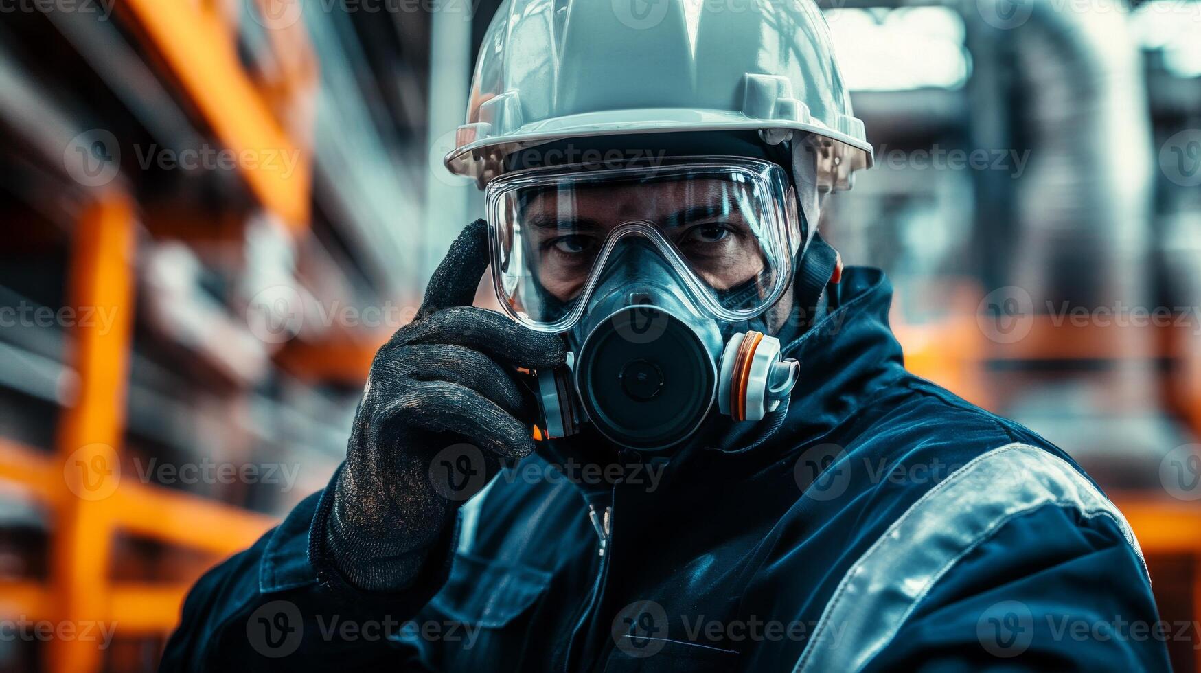 Industrial Worker Wearing Respirator Mask and Hard Hat photo