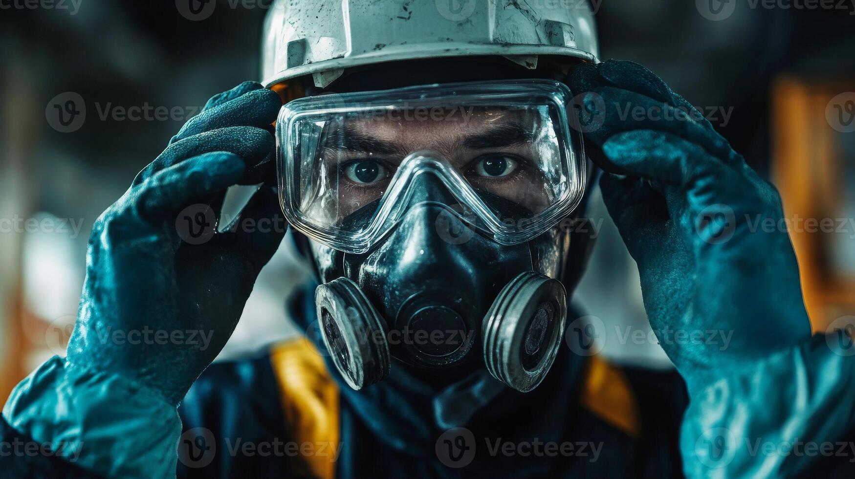 Closeup of Man in Protective Gear Wearing a Gas Mask photo