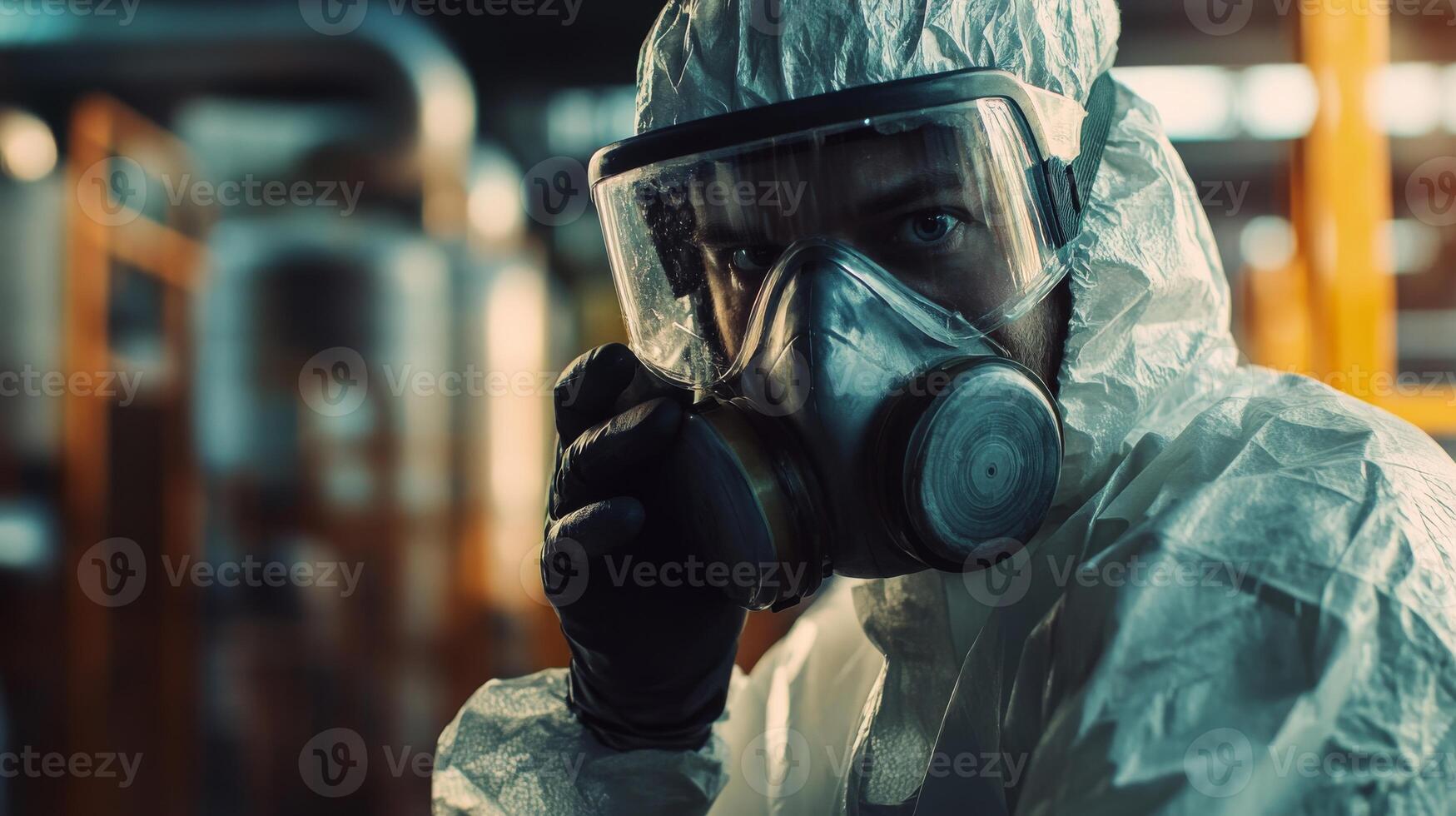 Close Up of Man in Hazmat Suit and Gas Mask photo