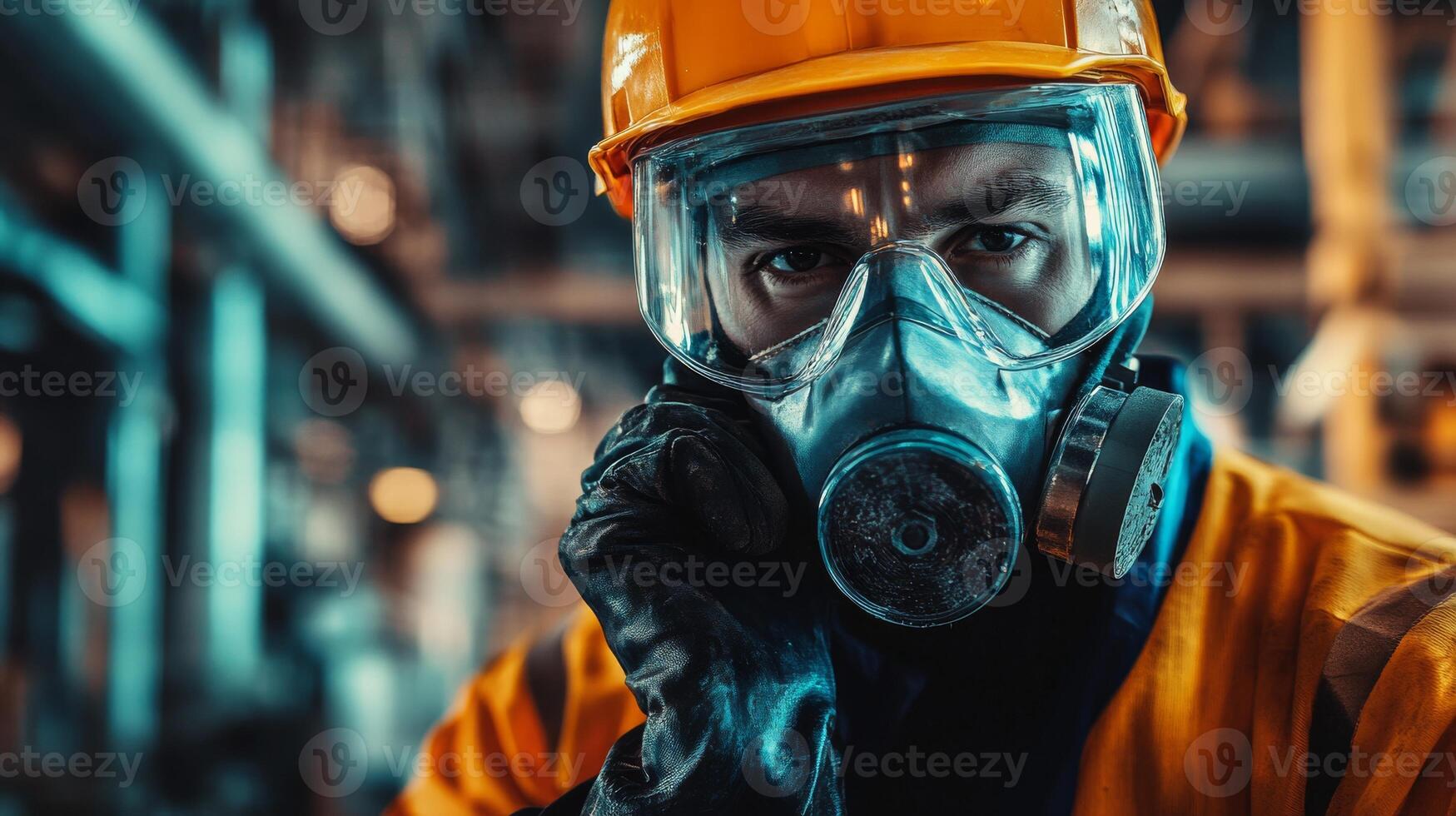 Industrial Worker in Respirator Mask and Hard Hat photo