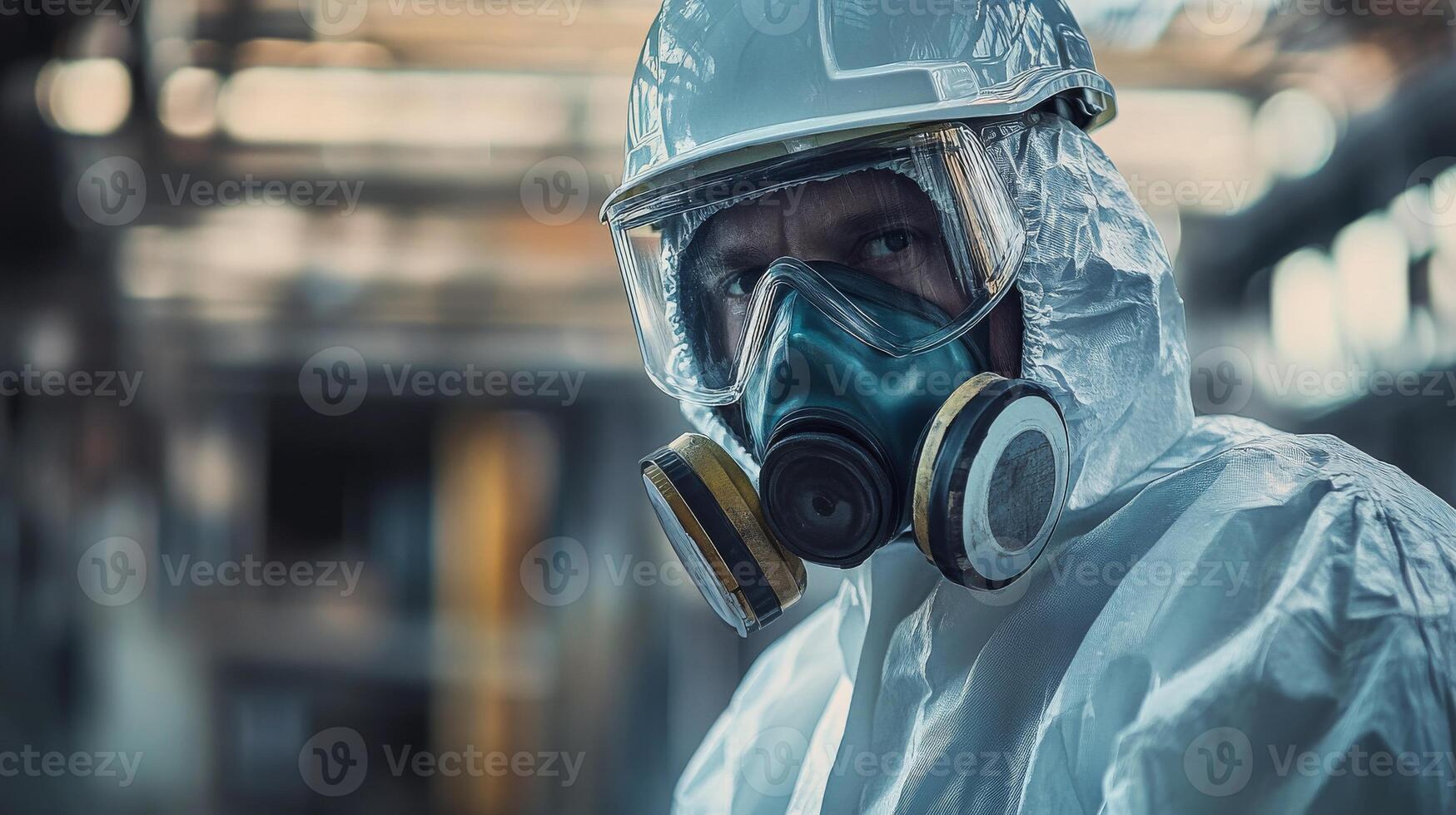 Worker Wearing Hazmat Suit and Gas Mask in Industrial Setting photo