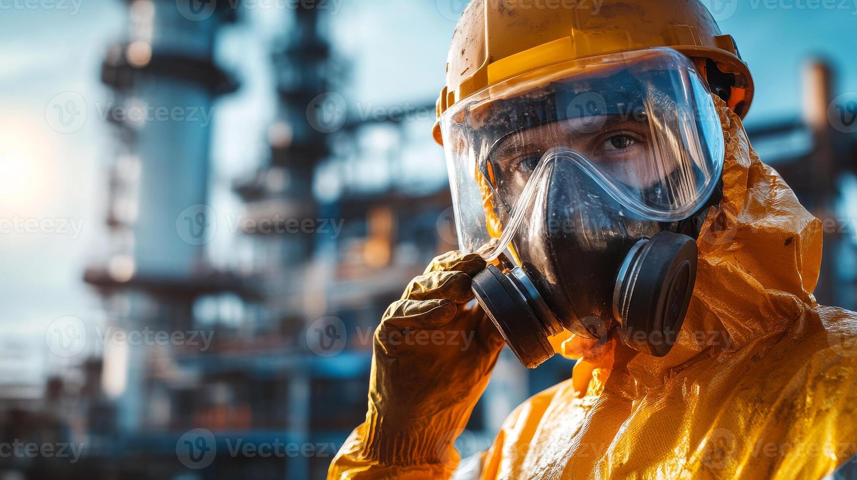 Industrial Worker in Protective Gear and Hard Hat with Refinery in Background photo