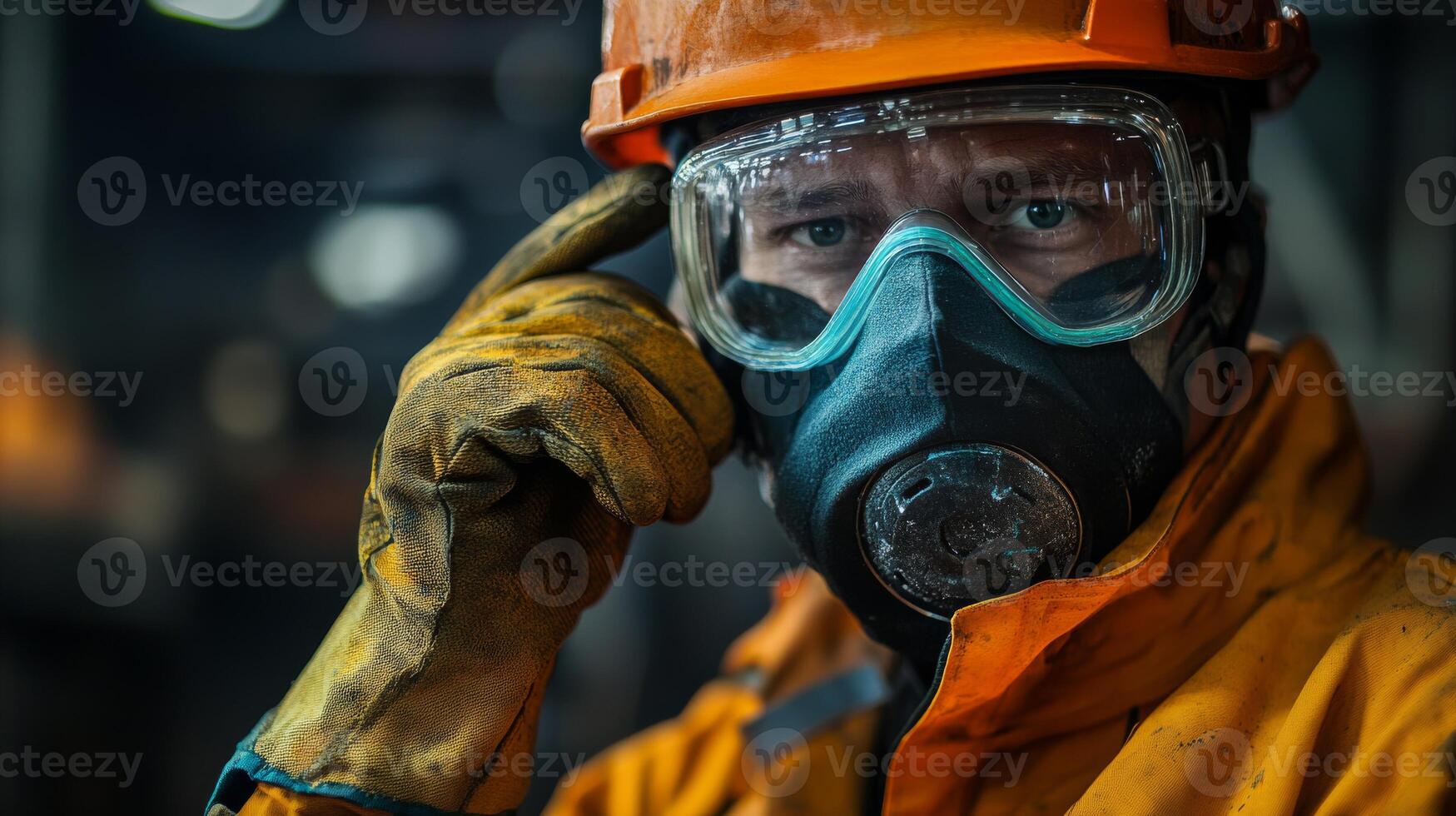 Industrial Worker Wearing Respirator Mask and Safety Glasses photo
