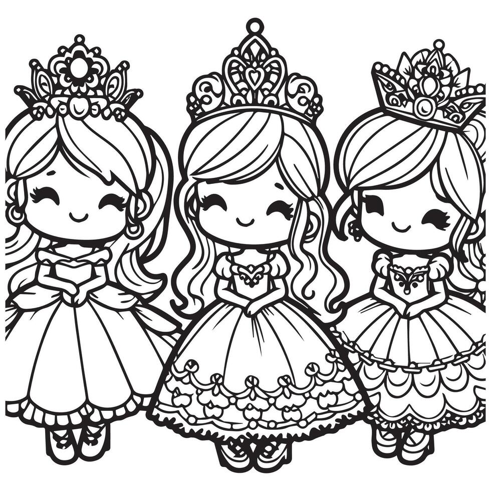 simple black outline cartoon princess coloring page for children. vector