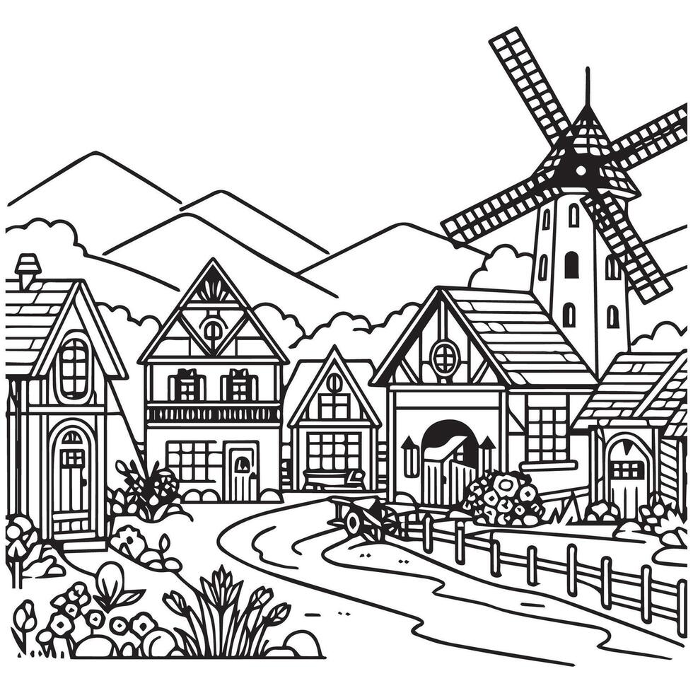 Simple black outline rural village coloring page for children vector