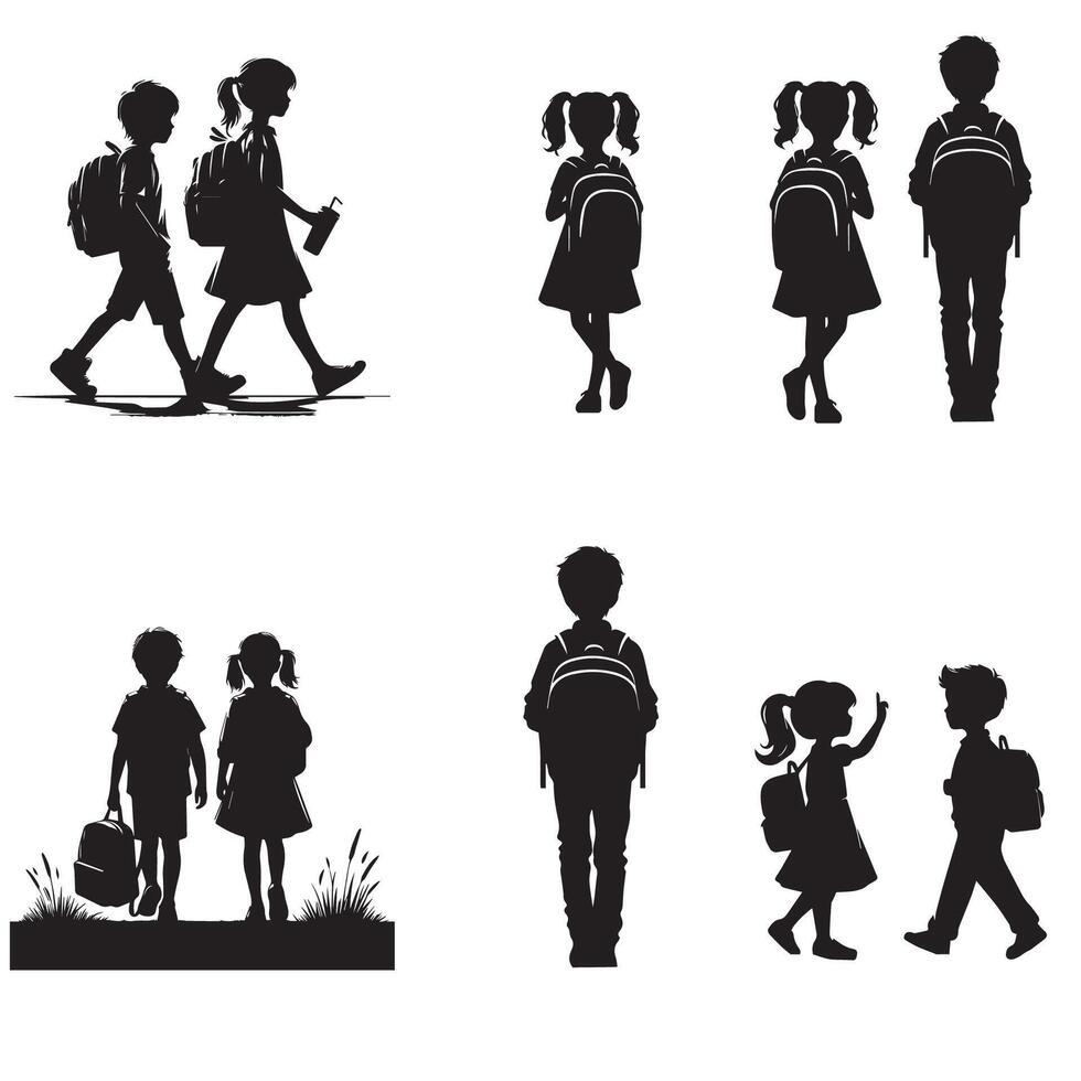 Black and white boy and girl going to school with their backpack silhouette vector