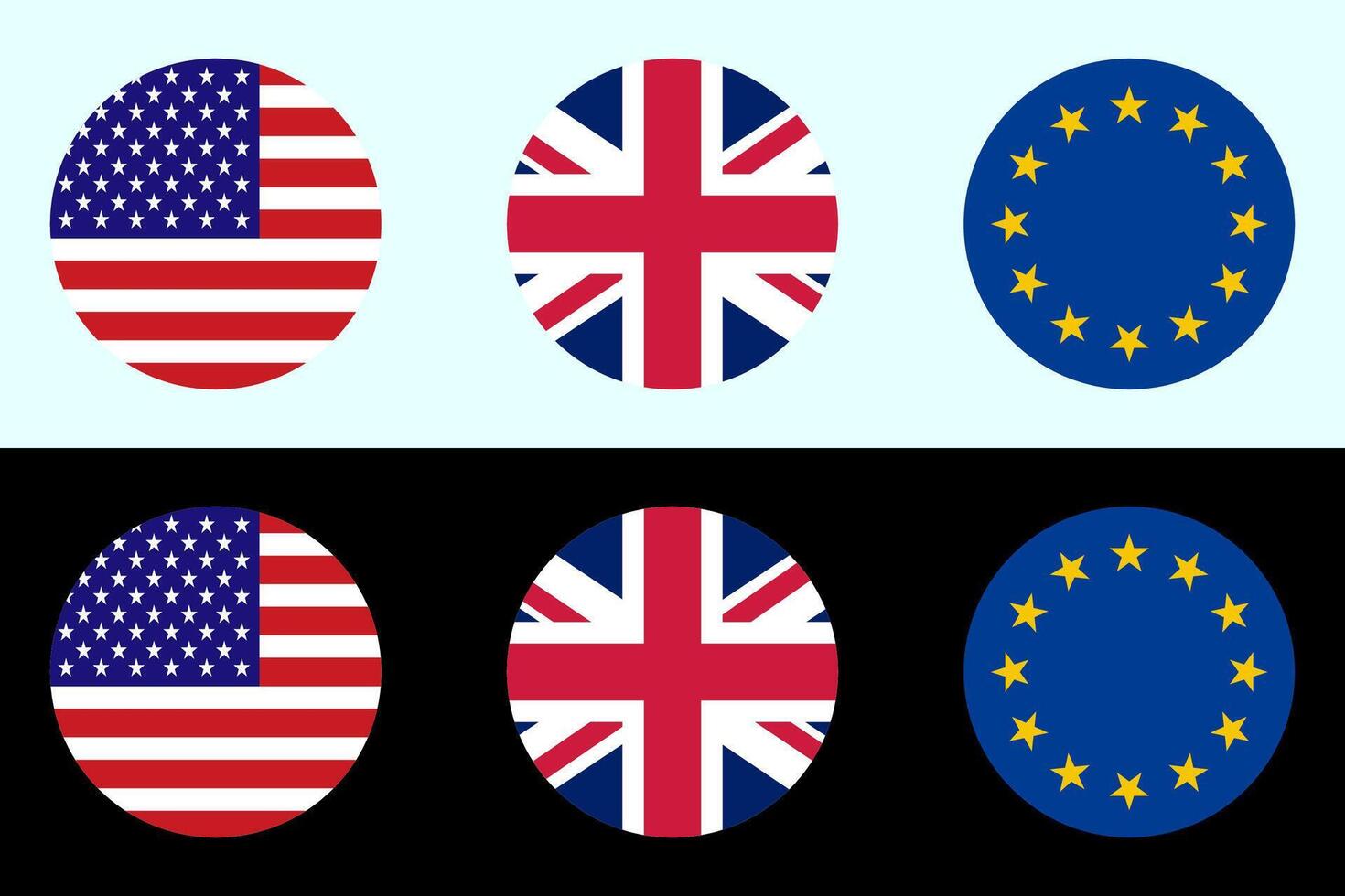 Round icon of United States, European union national flag EU, England flag. vector