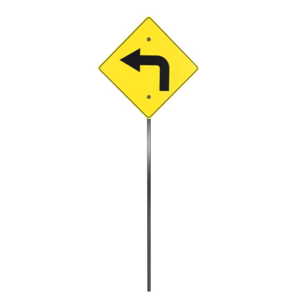 Curved road sign indicating a left turn in a simplified 3D rendering png
