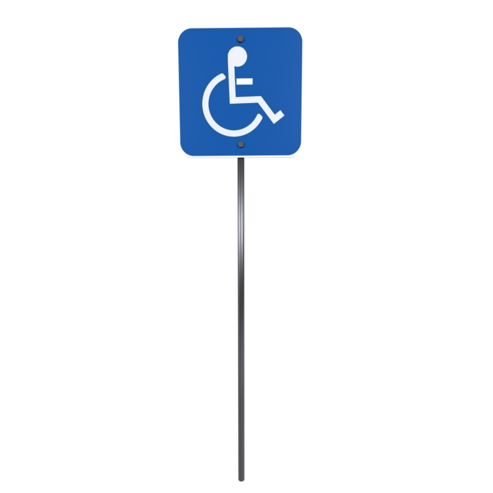 3D rendering of a blue disabled parking sign on a metal pole png