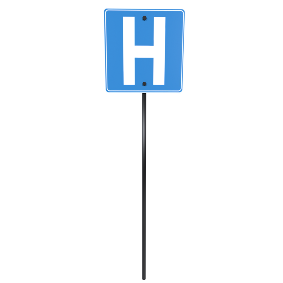 3D rendering of a blue hospital sign standing on a black pole outdoors png
