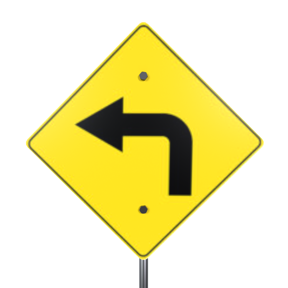 Yellow left turn traffic sign on a transparent background for road safety png