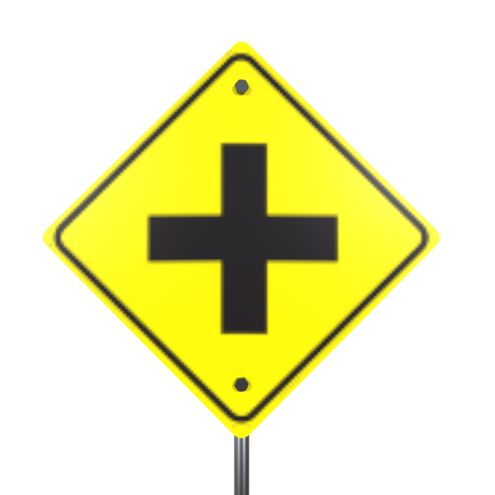 3D rendering of a yellow traffic sign with a black cross design png
