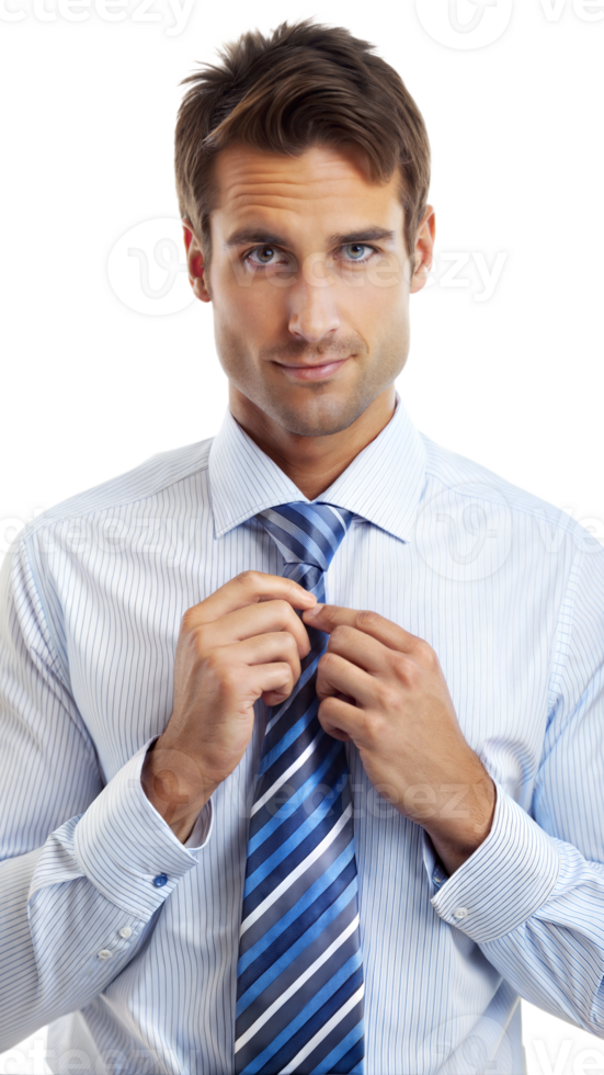 A young man adjusting tie isolated on transparent background png