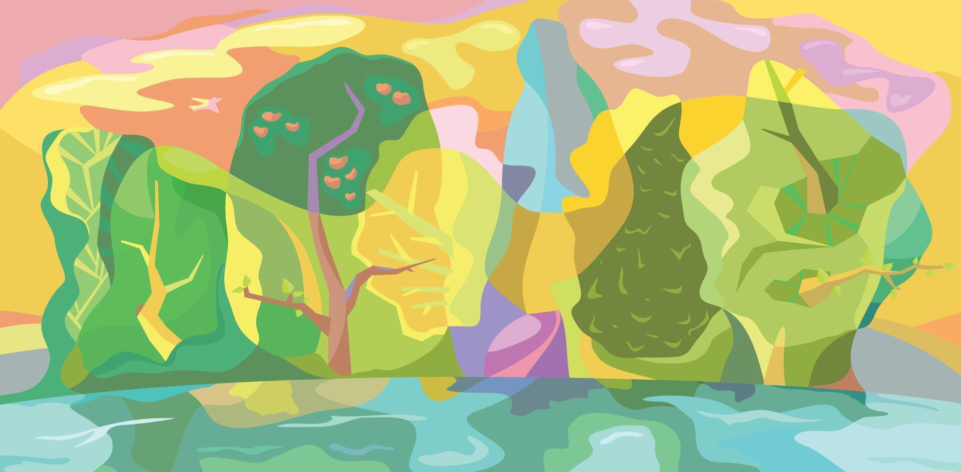 Abstract painting of the autumn wood forest. A landscape with trees reflected in the water, painted in different bright colors. A picturesque view of nature vector