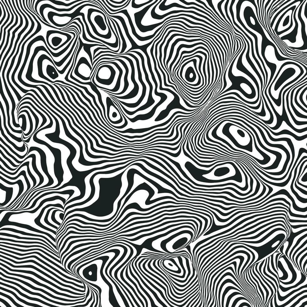 Psychedelic distorted lines backdrop. Abstract striped mountains pattern. Texture with wavy hills, curves stripes. Optical art background. Wave black and white 3D design vector