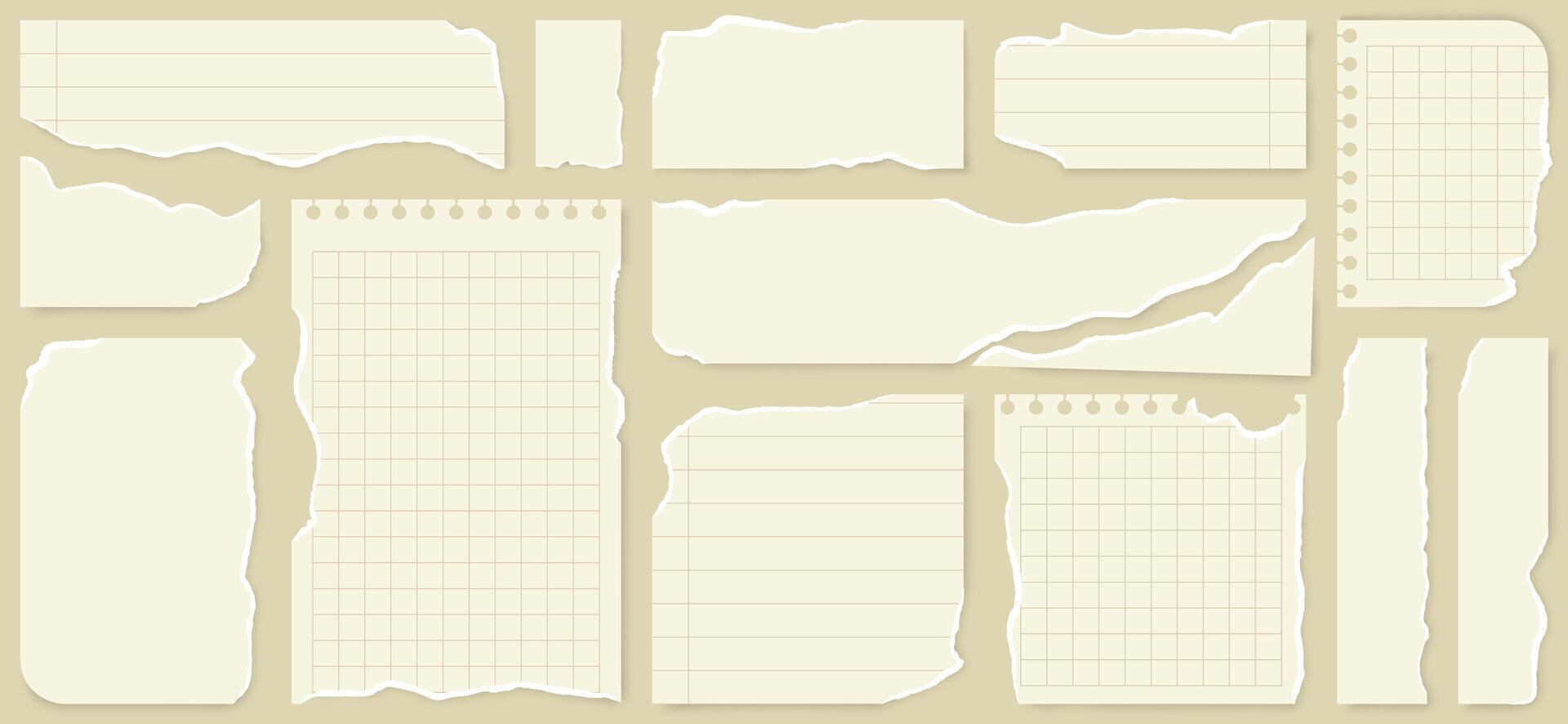 Light beige paper shapes with jagged uneven edges. Torn paper pieces set. Ripped fragments for message label, banner, text box, sticker with overlay shadow effect vector