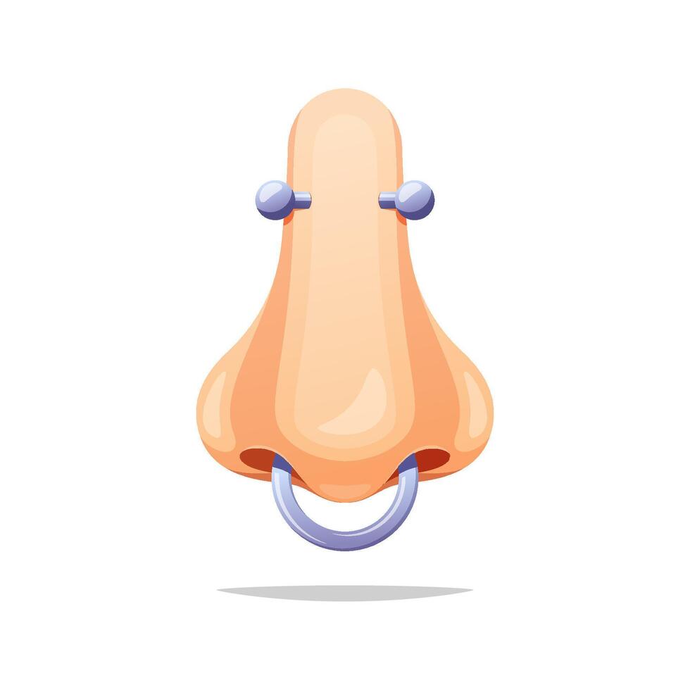 Human nose with piercing isolated on white background. vector