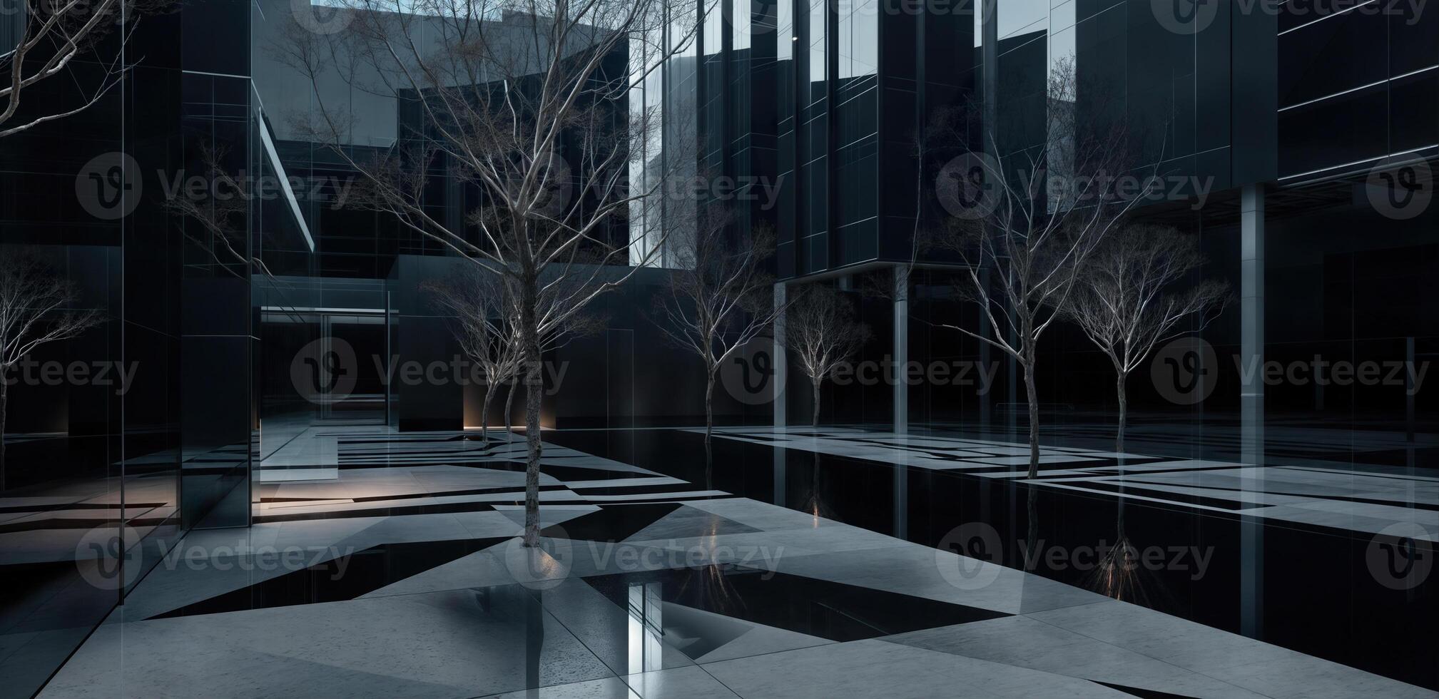 Modern building exterior featuring water feature reflecting minimalist design photo