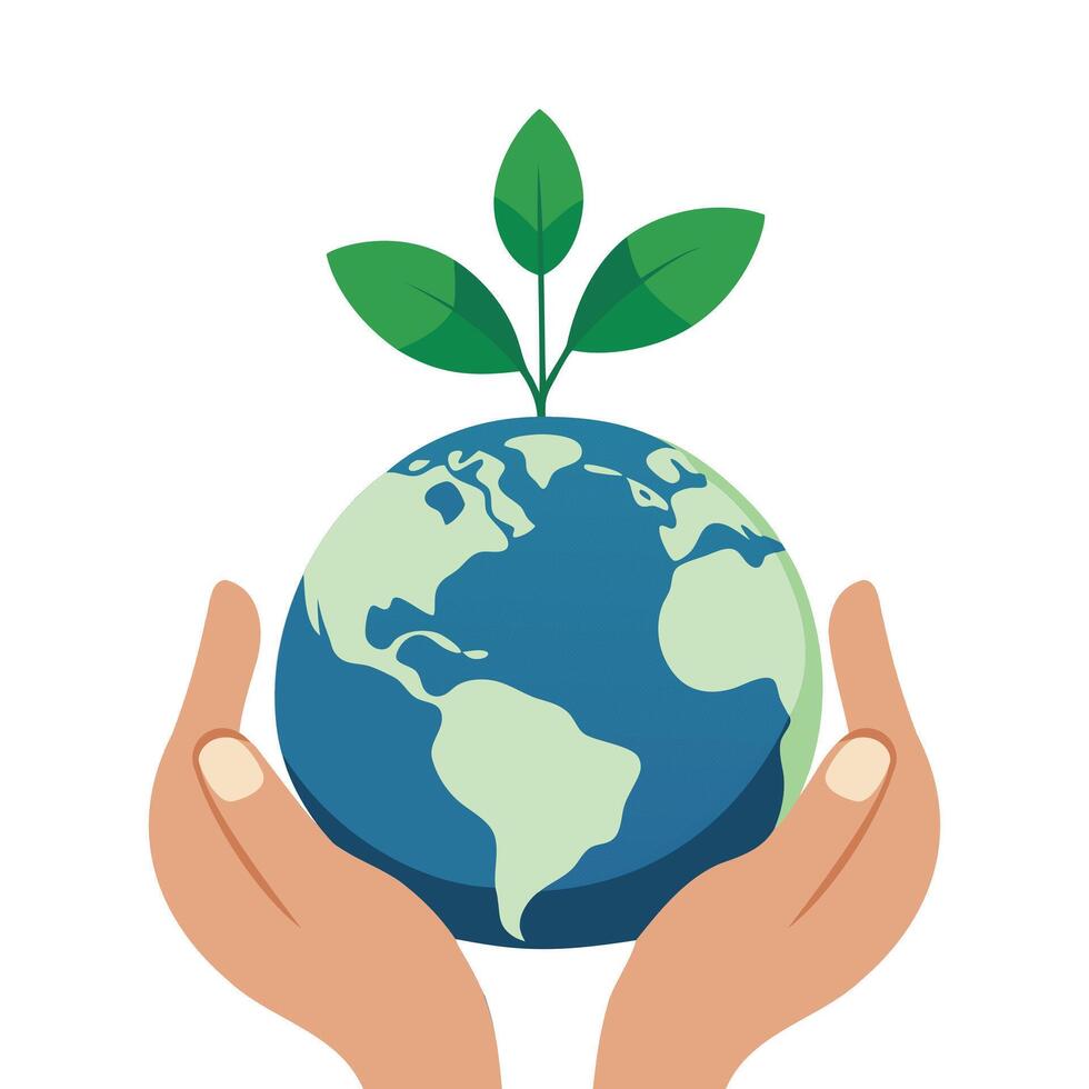 eco planet with green leaves in hands vector