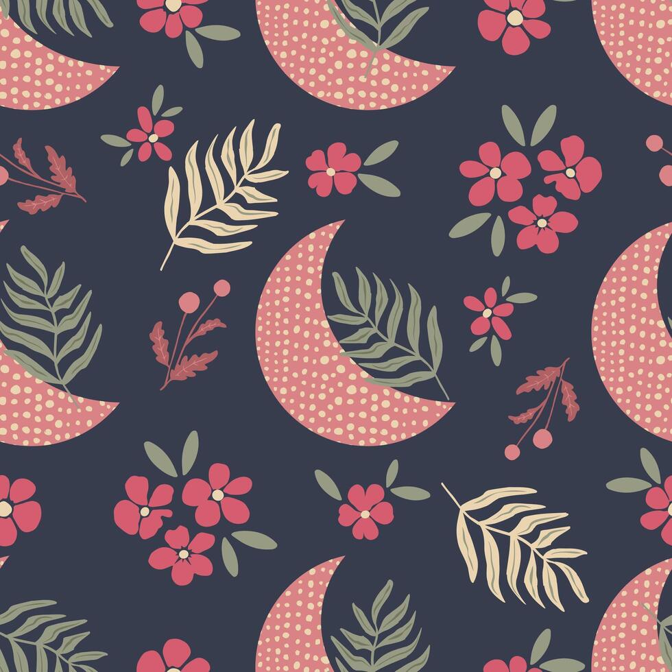 Hand drawn magical moon with botanical flower and tropical leaf seamless pattern vector
