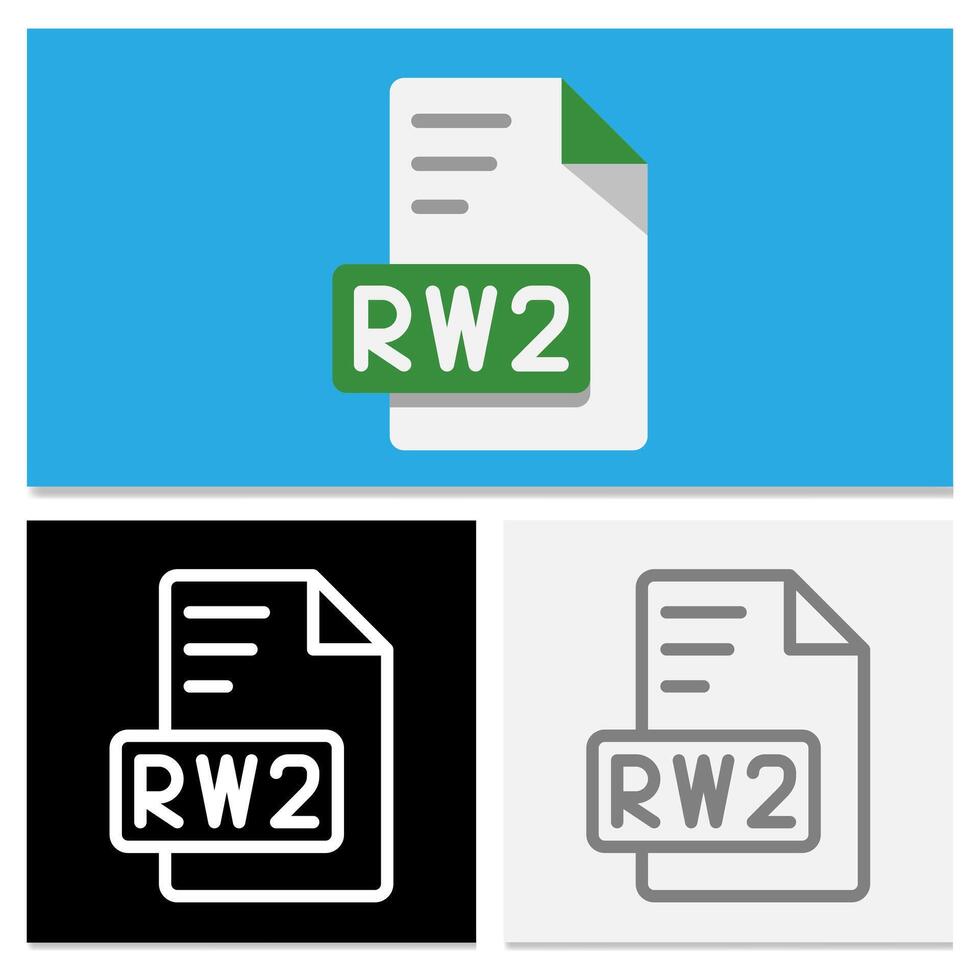 Rw2 document file format. Complete collection of flat file format icons for application design. Can be used for websites, UI and interfaces. vector