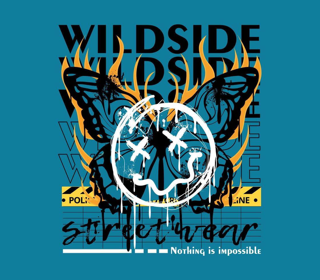 wildside slogan illustration that combines a graffiti aesthetic with a butterfly motif, fiery flames, a happy emoji icon. Perfect for print design, T-shirts, streetwear, and more vector