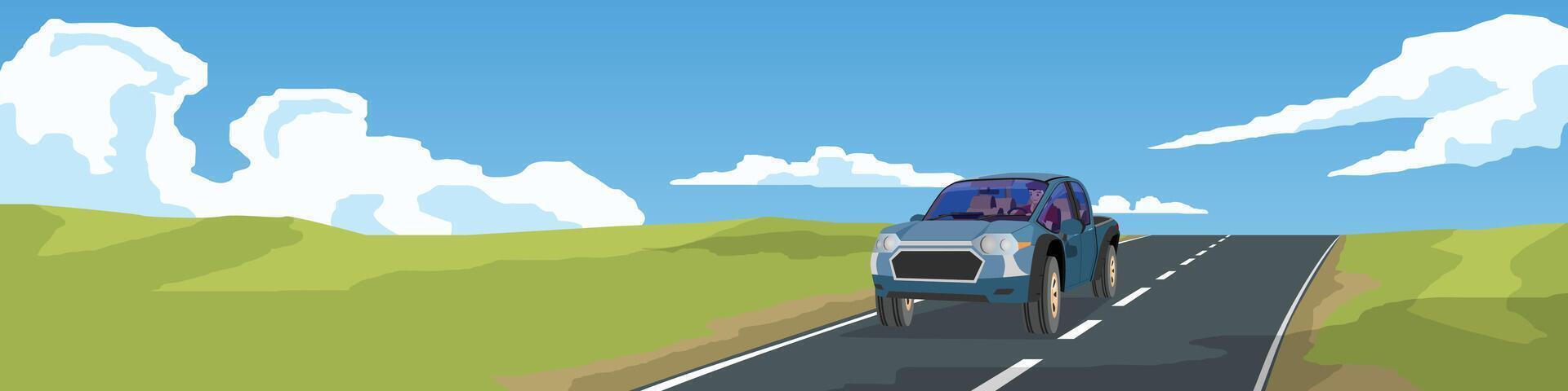 Landscape view of pickup car driving on asphalt road. Can view inside car with driving man. Meadow and hills under blue sky and white clouds. Background for banner. vector