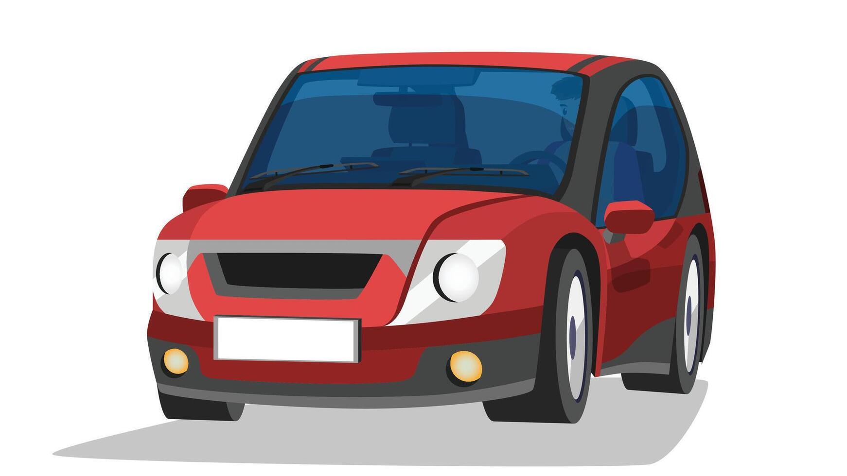 Objec perspective design of mini car site SUV cross over red color. Inside with interior and driving man. Shadow and isolated white background. vector