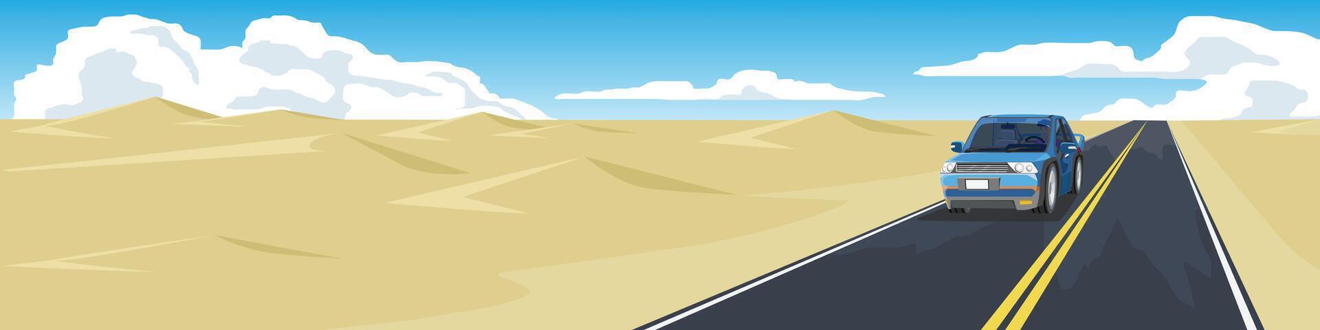 Landscape view of mini car driving on asphalt road. Can view inside car with driving man. high and low slopes of the vast desert under blue sky and white clouds. Background for banner. vector