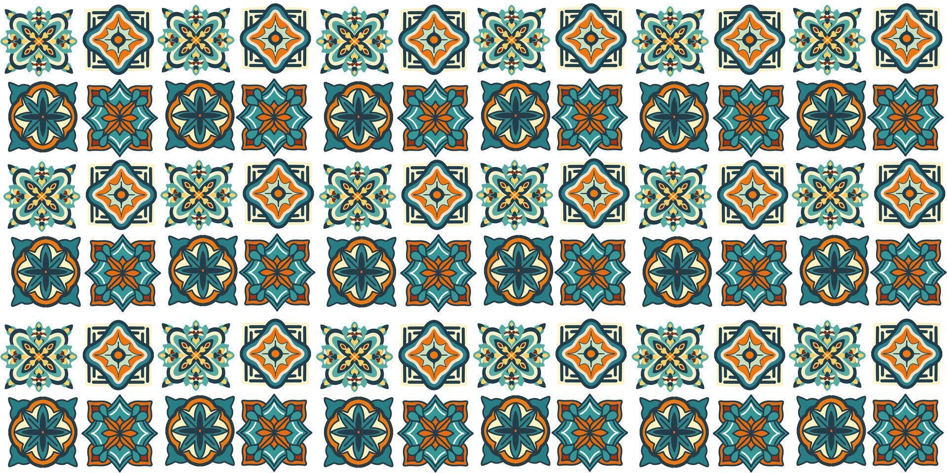 The seamlless pattern of a geometric patterns, ornamental tiles in green and ocher shades vector