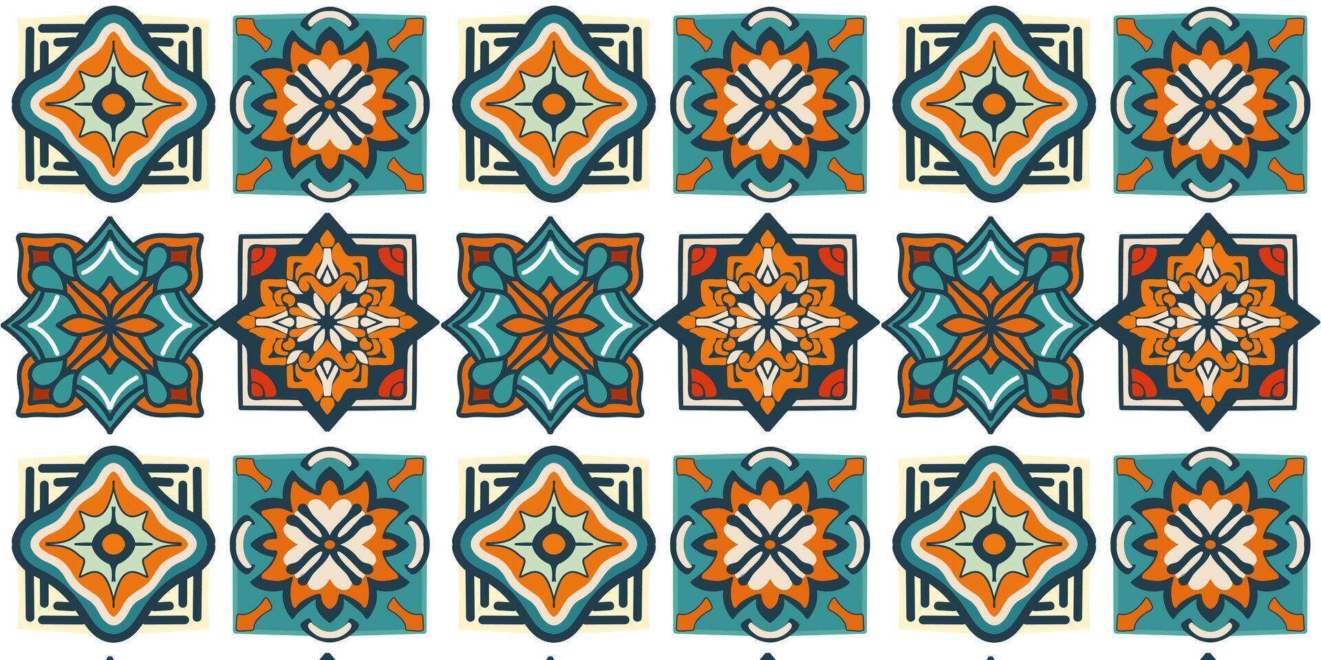 Seamlless pattern of a blue green - orange red tones geometric ornamental texture design vector