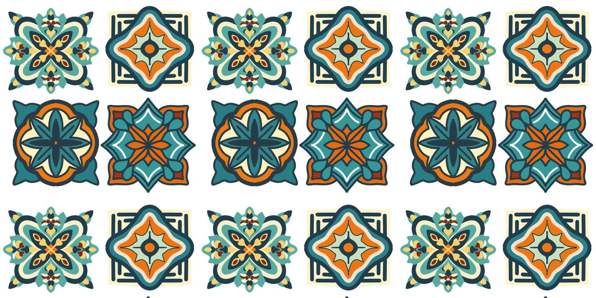 A set of geometric patterns, ornamental tiles in green and ocher shades vector