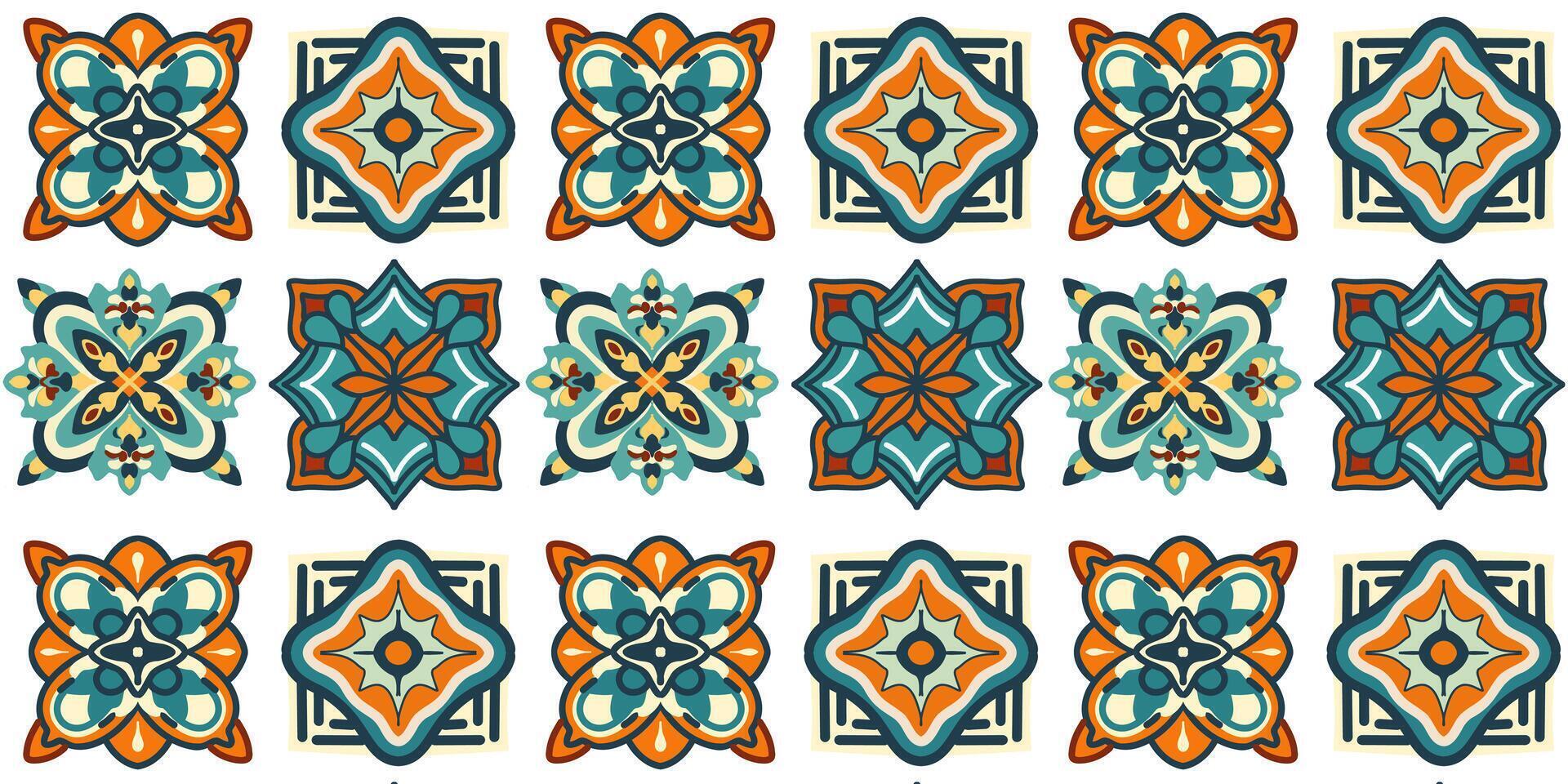 The seamlless pattern of a geometric patterns, ornamental tiles design in green and ocher shades vector
