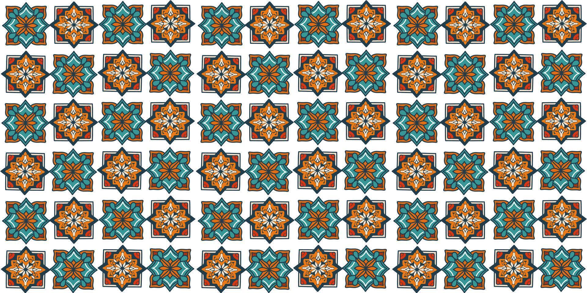 Seamlless pattern of a tile texture design set in blue green - orange red tones geometric ornament vector