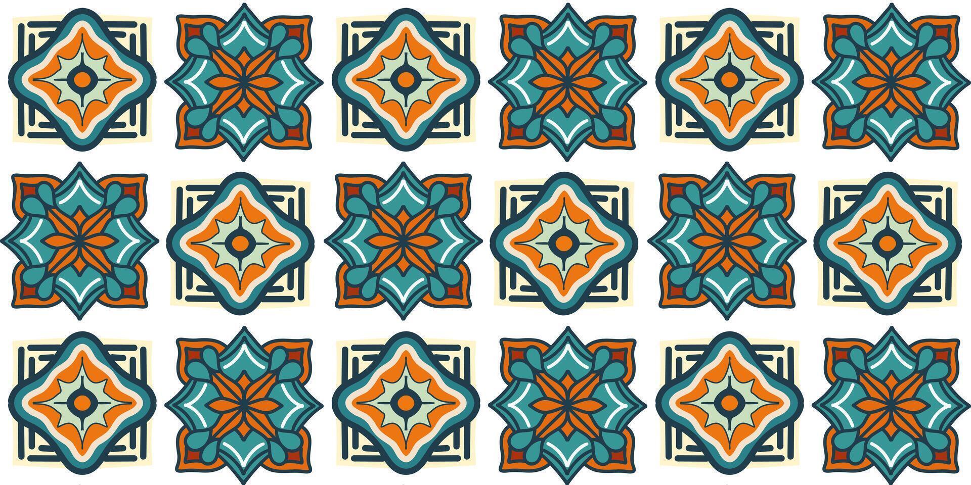 Seamlless pattern of a geometric ornamental texture design in blue green - orange red tones vector